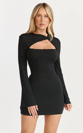 Lily Mini Dress - Front Twist Cut Out Long Sleeve Dress in Black