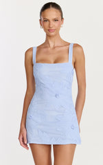 Sienna Mini Dress - Square Neck Floral Embroidered A Line Dress in Blue