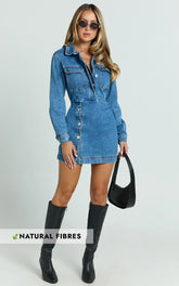 Ainsley Mini Dress - Button Through Long Sleeve Denim Dress in Mid Blue Wash
