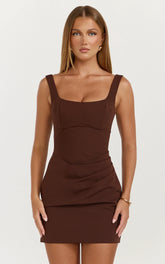 Stormi Mini Dress - Balconette Shaping Fitted Dress in Chocolate