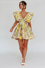 Bennet Puffed Neckline Mini Dress Floral Pink/Yellow