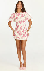 Lila Mini Dress - High Neck Puff Sleeve Lace Back Fitted Dress in Toile De Joie Print