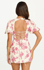 Lila Mini Dress - High Neck Puff Sleeve Lace Back Fitted Dress in Toile De Joie Print