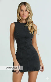 Olenna Mini Dress - High Neck Fitted Denim Dress in Washed Black