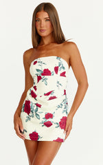 Dahlia Mini Dress - Strapless Draped Cowl Waist Bodycon Dress in Scarlet Rose Print