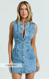 Stephanie Mini Dress - Scoop Neck Pocket Detail Recycled Denim Dress in Light Blue Wash