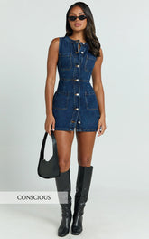 Stephanie Mini Dress - Scoop Neck Pocket Detail Recycled Denim Dress in Indigo Wash