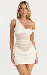 Lola Mini Dress - One Shoulder Contrast Bodycon Dress in White
