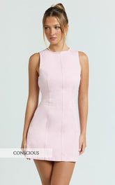 Olenna Mini Dress - High Neck Fitted Denim Dress in Pink