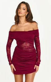 Juliet Mini Dress - Off Shoulder Lace Contrast Bodycon Dress in Wine