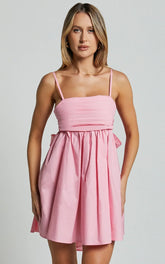 Clover Mini Dress Back Bow Babydoll Dress in Pink