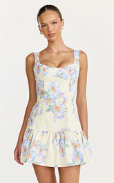 Astra Mini Dress - Balconette Bodice Drop Waist Dress in Astra Posey Floral Print