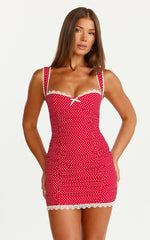 Camille Mini Dress - Bustier Ruched Lace Trim Bodycon Dress in Red