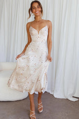 Lake Como Fitted Bodice Cami Strap Midi Dress Orchid Print Beige