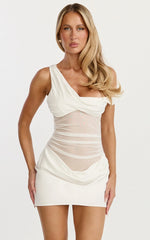 Lola Mini Dress - One Shoulder Contrast Bodycon Dress in White