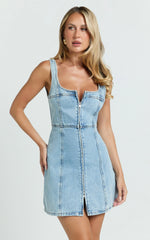 Chrysoula Mini Dress - Square Neck Zip Front Sleeveless Bodycon Denim in Light Blue Wash