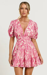 Adea Mini Dress Plunge Puff Sleeve Tiered Dress in Pink Floral