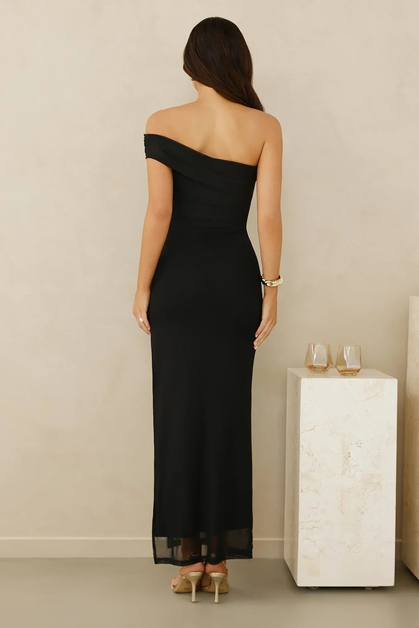 Berry Fresh Mesh One Shoulder Maxi Dress Black