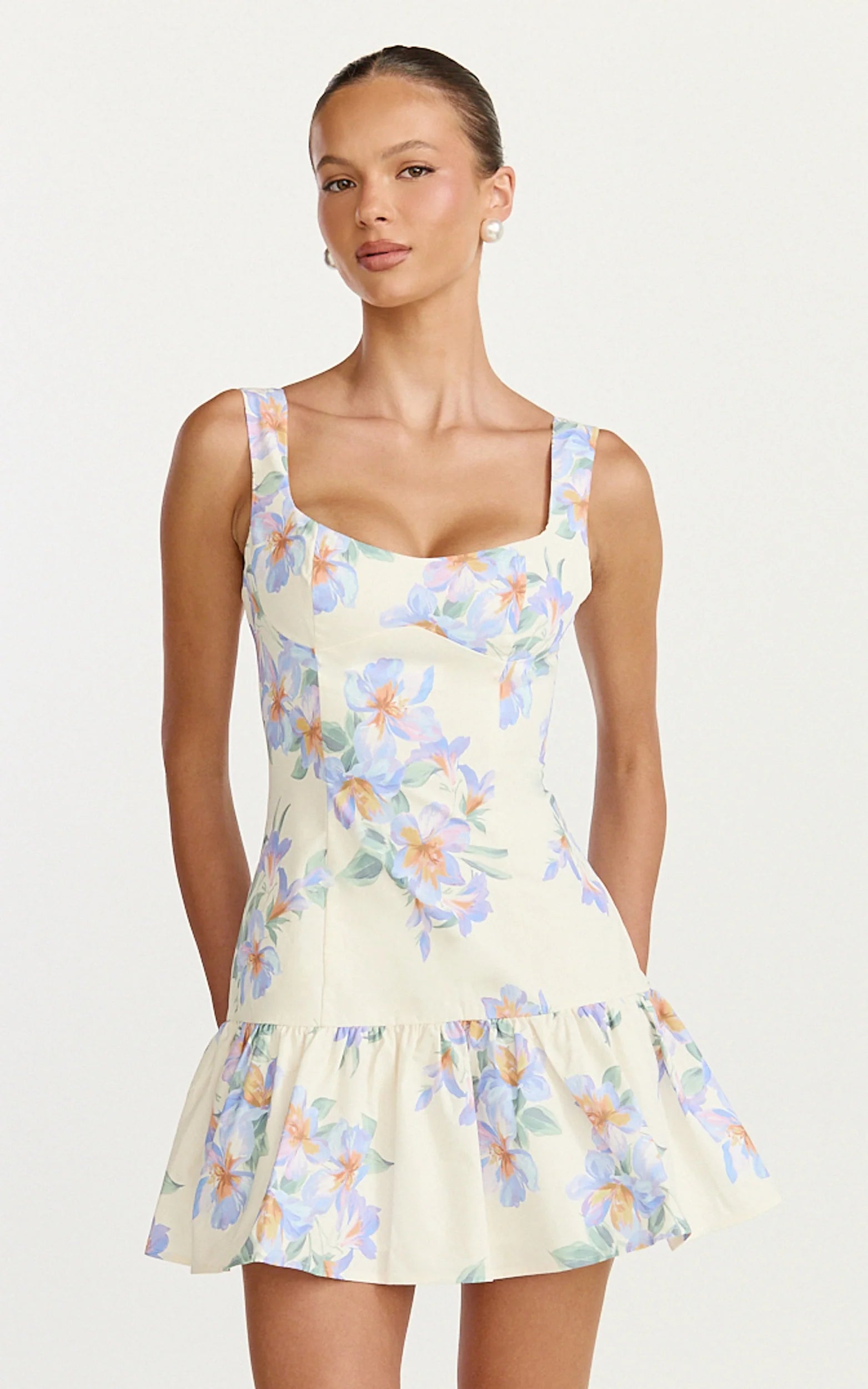 Astra Mini Dress - Balconette Bodice Drop Waist Dress in Astra Posey Floral Print