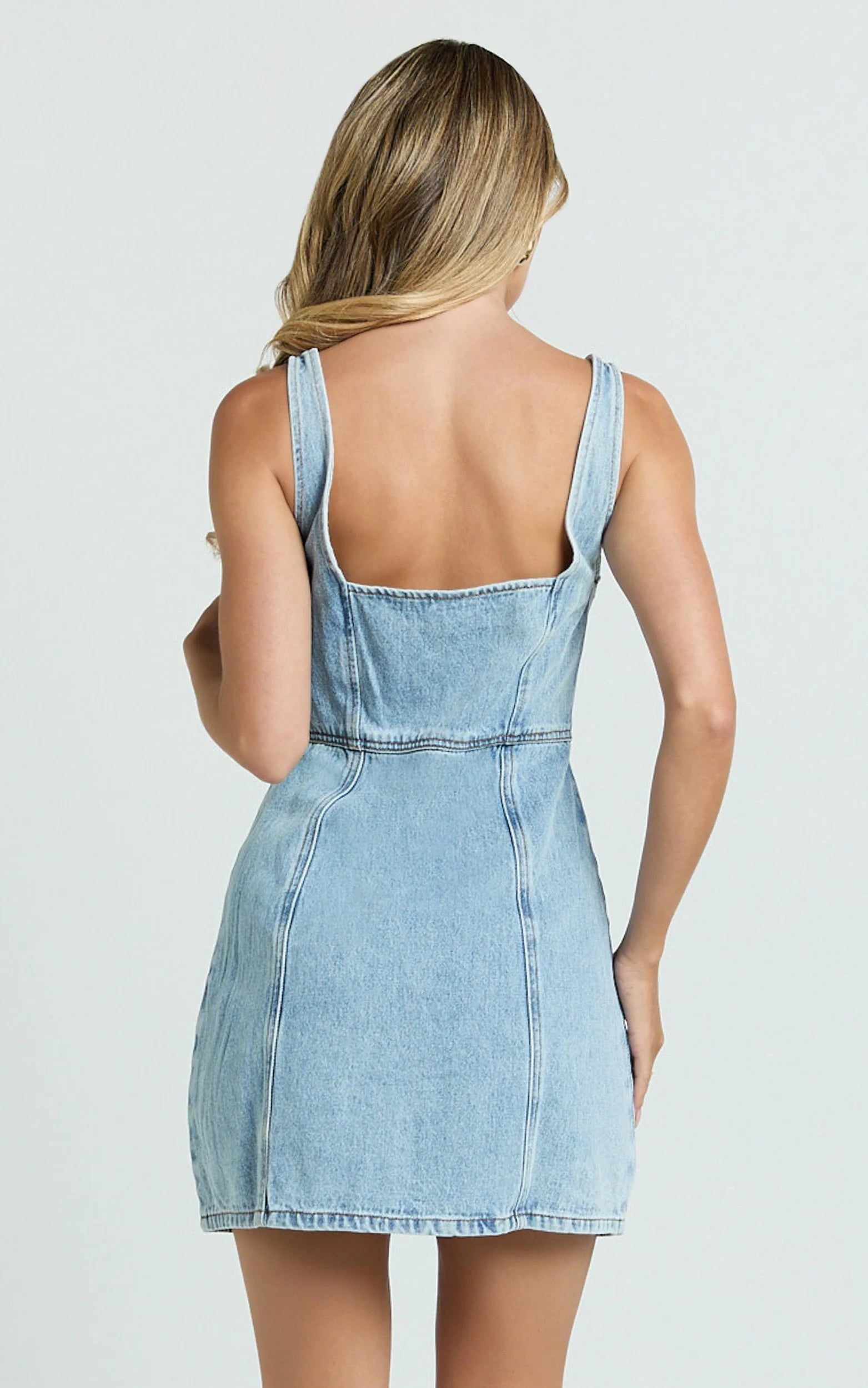 Chrysoula Mini Dress - Square Neck Zip Front Sleeveless Bodycon Denim in Light Blue Wash