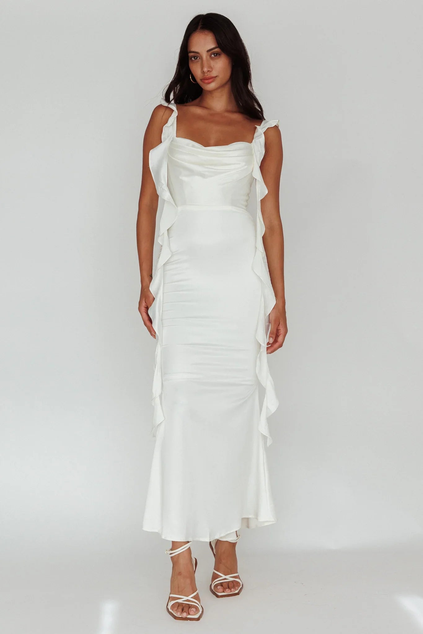 Blushing Ruffle Trim Midi Dress Oyster