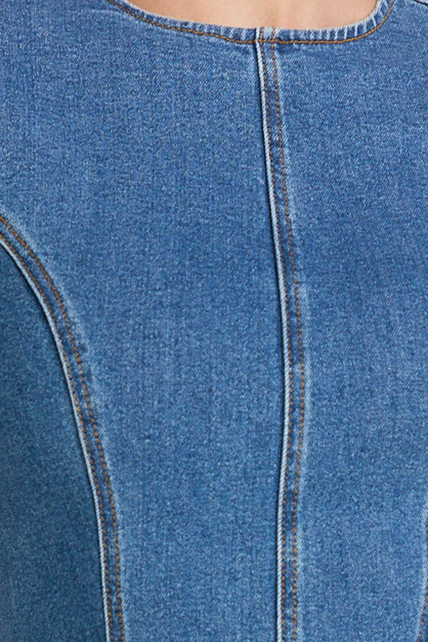 Camellia Mini Dress - High Neck A Line Dress in Mid Blue Wash