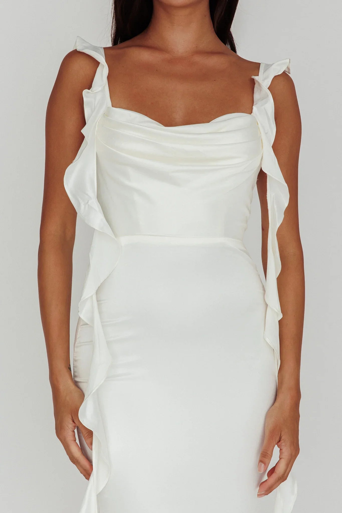 Blushing Ruffle Trim Midi Dress Oyster