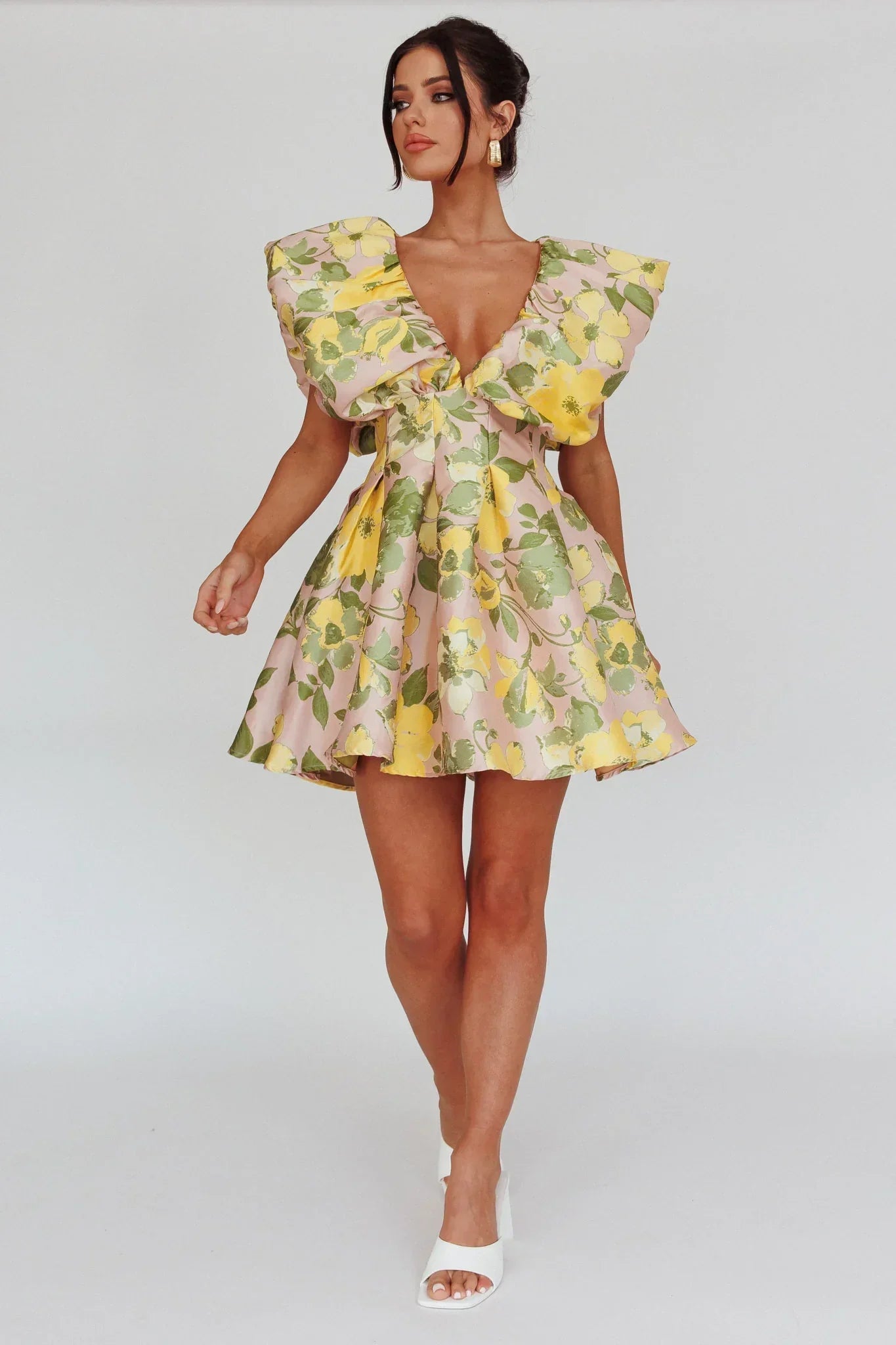 Bennet Puffed Neckline Mini Dress Floral Pink/Yellow
