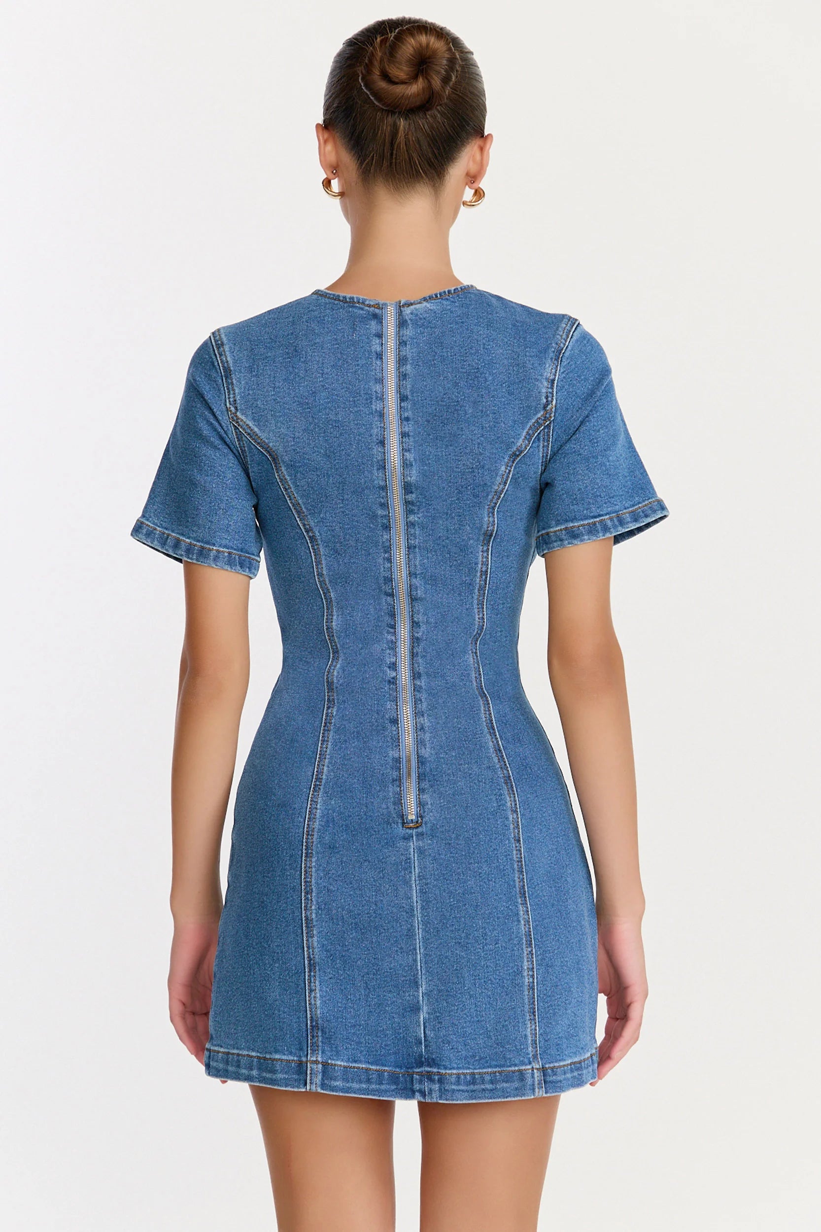 Camellia Mini Dress - High Neck A Line Dress in Mid Blue Wash