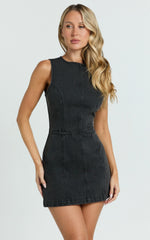 Olenna Mini Dress - High Neck Fitted Denim Dress in Washed Black