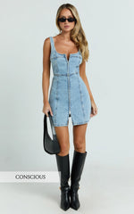 Chrysoula Mini Dress - Square Neck Zip Front Sleeveless Bodycon Denim in Light Blue Wash