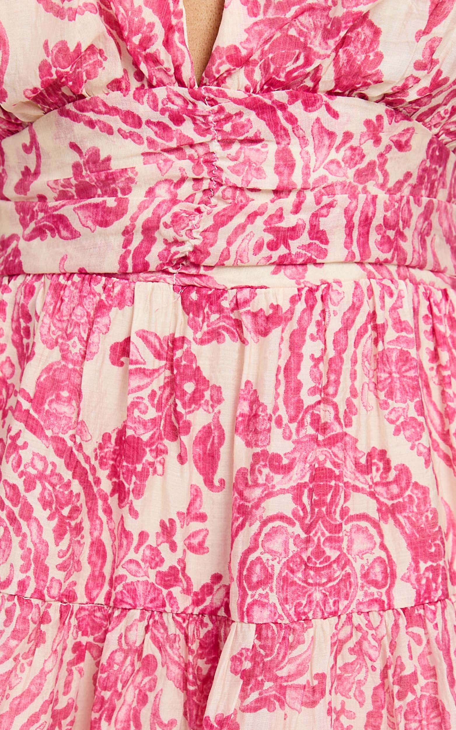 Adea Mini Dress Plunge Puff Sleeve Tiered Dress in Pink Floral