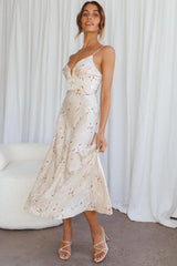 Lake Como Fitted Bodice Cami Strap Midi Dress Orchid Print Beige